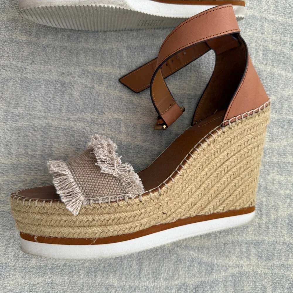 See By Chloe Frayed Wedge Sandals Espadrilles Natural, Women’s 9.5/10